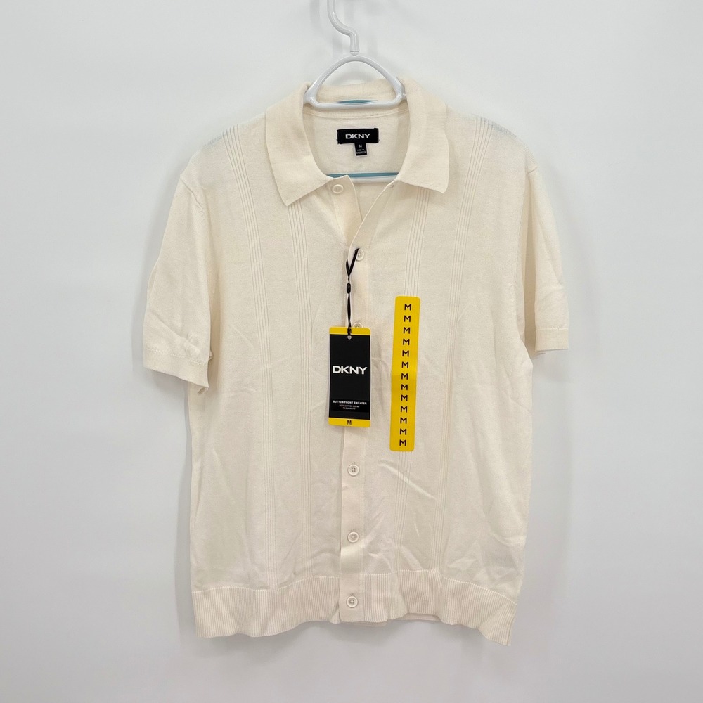 DKNY Mens Button Front Sweater Polo Shirt Cream Short Sleeve Knit Medium NEW